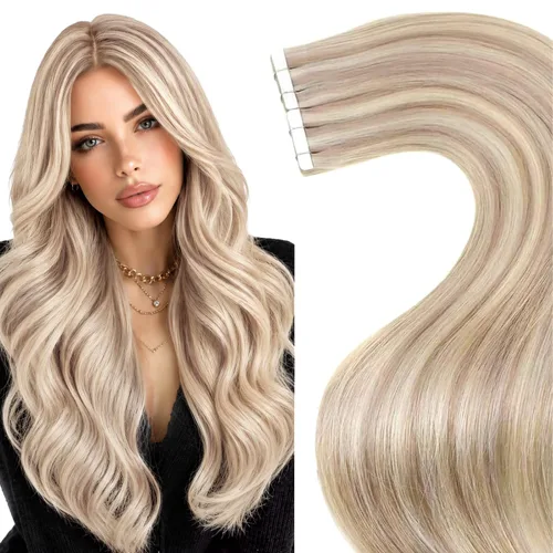 Vista 88 de LaaVoo - Extensiones de cabello humano con cinta adhesiva, color marrón a rubio ceniza, extensiones de cabello humano real, cintas en extensiones