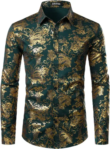 Vista 13 de ZEROYAA Men's Luxury Paisley Floral Printed Button Down Shirt Zhcl36-negro oro