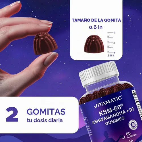 Vista 4 de Vitamatic KSM-66® Ashwagandha + D3 Gummies - Sabor natural de frambuesa azul - Sin azúcar, sin gluten, sin OMG - 60 gomitas
