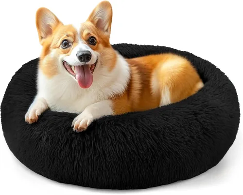 Vista 14 de Hoewina - Cama redonda, calmante, en forma de rosquilla, lavable, esponjosa para interiores, perros y gatos pequeños y medianos, negro, 20 pulgadas