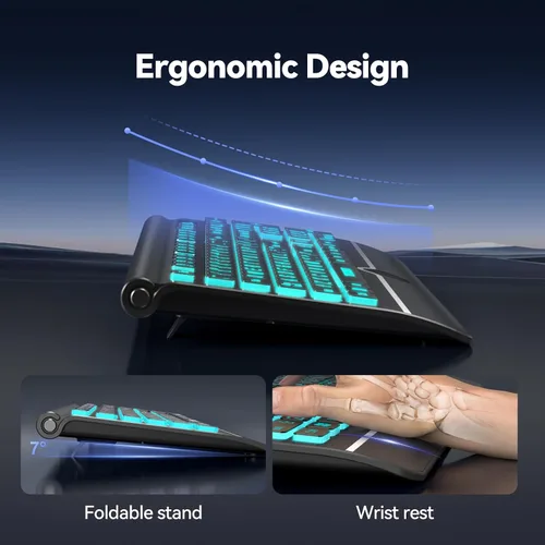 Vista 4 de TECKNET Teclado retroiluminado de impresión grande, teclado de computadora USB-A con cable con reposamuñecas, retroiluminación de 7 colores, teclas