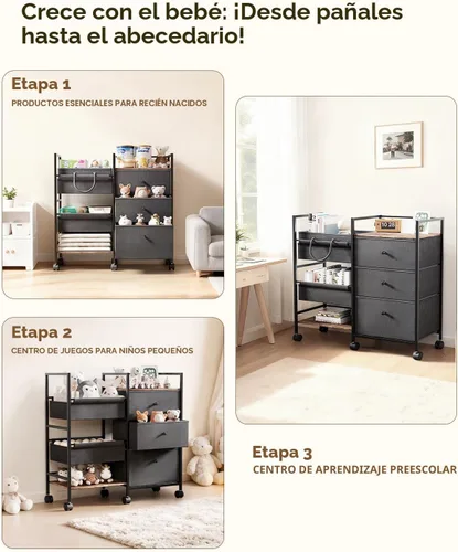 Vista 5 de Organizador y almacenamiento 2 en 1 para pañales de bebé, carrito de bebé rodante de 3 niveles con divisores y cajones, esenciales