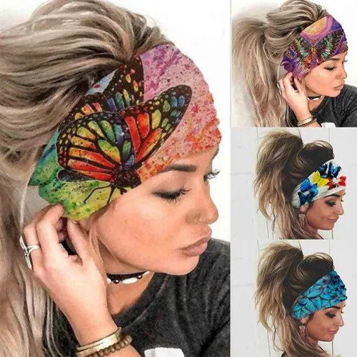 Vista 13 de Olbye Diademas bohemias anchas elásticas y antideslizantes para mujer y niña - para entrenamiento, yoga, correr, banda para el sudor, pañuelos