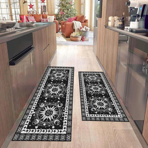 Vista 9 de Juego de 2 alfombras bohemias celestiales de cocina, alfombra de cocina oculta bohemia campestre de media luna, tapetes de piso de cocina lavables
