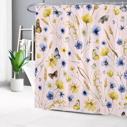 Vista 9 de EOBTAIN Nature - Cortina de ducha con flores silvestres para baño, cortina de ducha amarilla floral y mariposa sobre negro, con 10 ganchos, juego