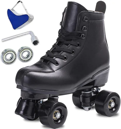 Vista 9 de Patines para mujer y hombre de caña alta en negro, de cuero sintético clásico, patines de doble fila ajustables para interiores y exteriores