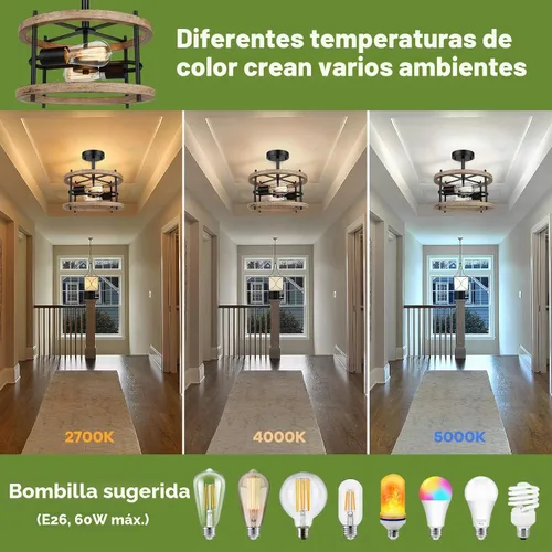 Vista 3 de Lámpara de techo semiempotrada de 2 luces, lámpara de techo de madera vintage