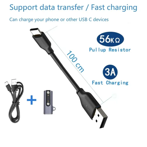 Vista 6 de Cargador universal para reloj inteligente, magnético, USB tipo C a paso de 0.30 in, adaptador de 2 pines, cable de carga de repuesto compatible