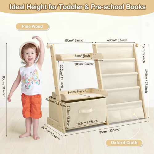 Vista 3 de Estantería infantil y organizador de juguetes 2 en 1, estante para libros para habitaciones de niños con cubo de juguetes móvil, estante de 4 Beige
