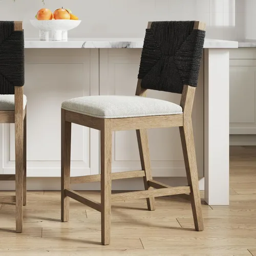 Vista 10 de Nathan James Beacon Taburete de bar bohemio con respaldo, de altura de bar, silla para isla de cocina, taburete de bar de seagrass, bouclé