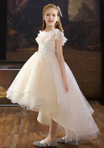 Vista 2 de Vestido de niña de las flores, adorno de encaje, tul con perlas, vestido de princesa para primera comunión, bautismo, boda, vestido de fiesta