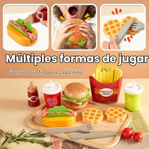 Vista 3 de BUYGER Fast Food Play Food Toys for Kids, Wooden Hamburger Toys for Toddler