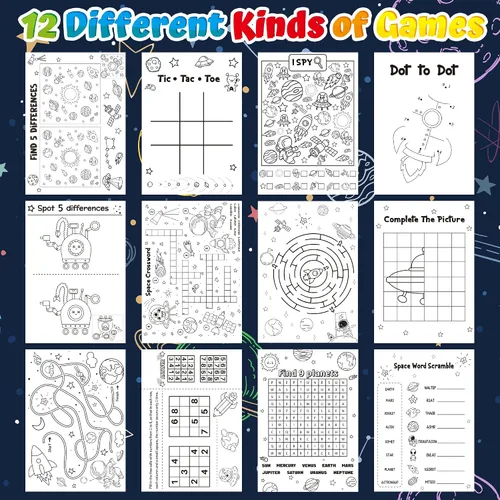 Vista 3 de Juego de libros de actividades espaciales a granel para niños Space Theme Drawing Booklet with Mazes Word Search Word Scramble Games for Birthday