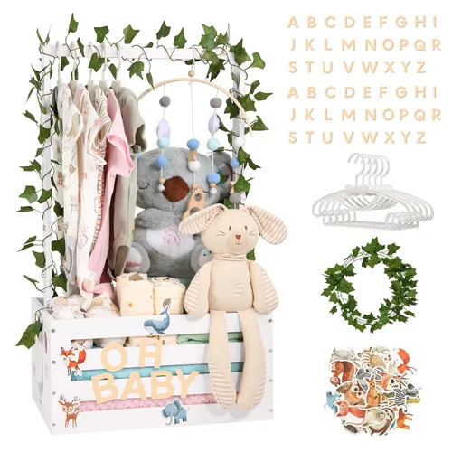 Vista 13 de Cesta grande de regalos para baby shower, caja de madera, colgadores de letras de madera personalizadas para bebé recién nacido niña niño, regalos