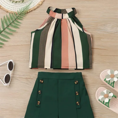Vista 4 de Conjunto de pantalones cortos sin mangas a rayas coloridas para niñas y niñas pequeñas
