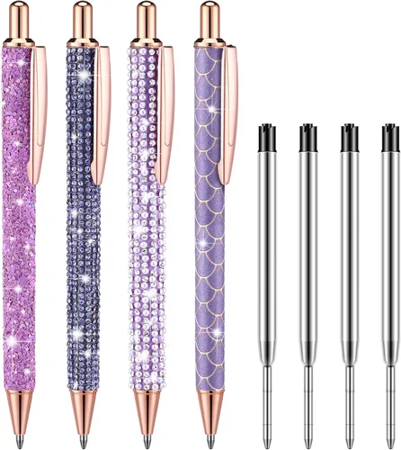 Vista 12 de Ireer 4 bolígrafos brillantes de diamantes de imitación para mujer, bolígrafo de tinta de metal con purpurina de cristal con 4 recambios de 0.039