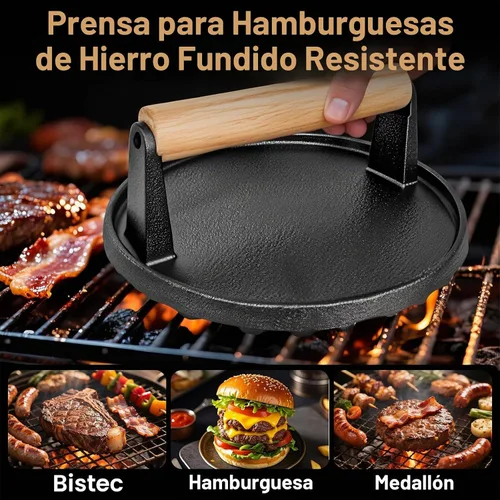 Vista 7 de Smash - Prensa de hamburguesa redonda de 6.9 pulgadas, herramienta trituradora de hamburguesas de hierro fundido resistente de 2.2 libras con mango