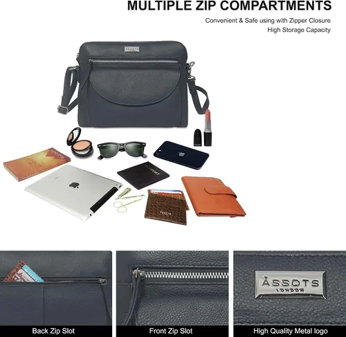 Vista 3 de ASSOTS Bolsos cruzados para mujer Monederos de cuero real con protección RFID, múltiples bolsillos y correa ajustable