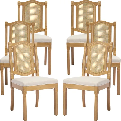 Vista 11 de ODUSE-DAILY Juego de 2 sillas de comedor French Country color beige, sillas de comedor de madera bohemia con respaldo tejido y asiento tapizado