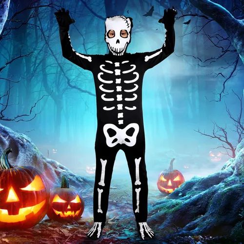 Vista 5 de Hoosige Disfraz de esqueleto de Halloween para niños, overol de esqueleto que brilla en la oscuridad, overol para niños, overol de cosplay, fiesta