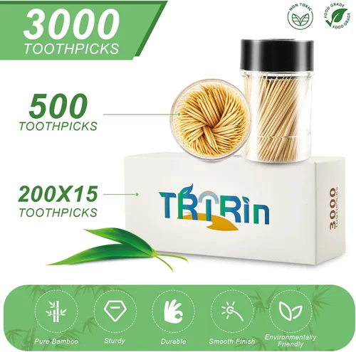 Vista 2 de 3000 palillos de dientes de bambú 100% natural, con 1 soporte para palillos de dientes reutilizable, palillos de dientes resistentes y suaves