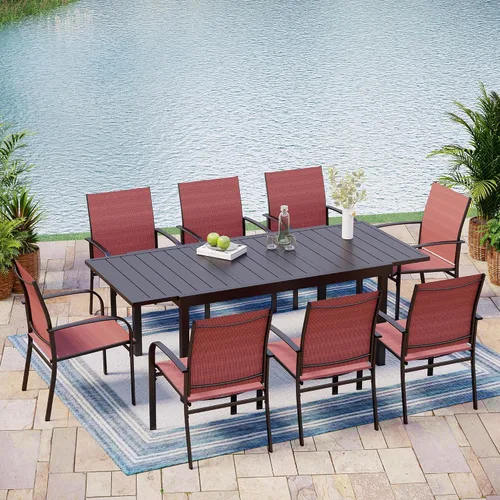 Vista 14 de MIXPATIO - Juego de comedor de patio de 9 piezas, mesa cuadrada de metal de 57.5 pulgadas, 8 sillas de textileno Azul