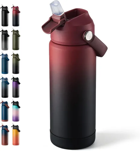 Vista 61 de Fijinhom Botella de agua aislada de 18 onzas con 2 tapas, botellas de agua de acero inoxidable, aspiradora de doble pared, mango portátil y parte