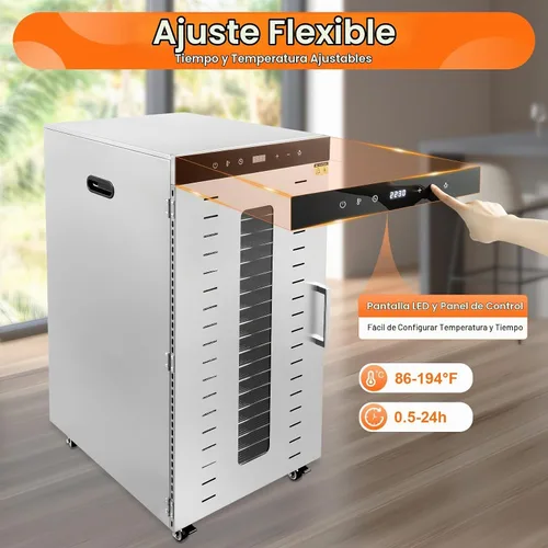 Vista 4 de Deshidratador comercial de alimentos 20 bandejas, máquina secadora de alimentos de acero inoxidable de 1700 W con 4 ruedas y pantalla LED, control