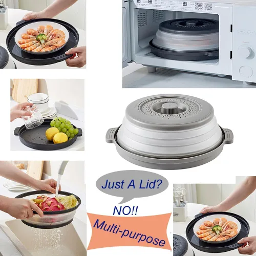 Vista 5 de Cubierta de salpicaduras para microondas con base antiquemaduras, ventilada para evitar quemaduras, tapa de protección plegable, colador de frutas