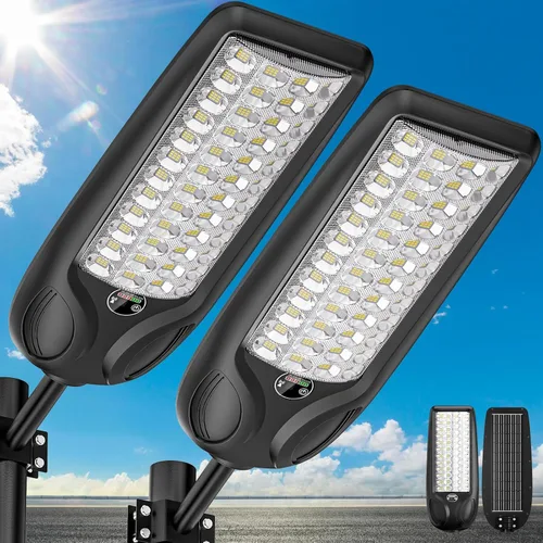 Vista 10 de MMKT - Farolas solares impermeables para exteriores, 3 colores LED del atardecer al amanecer, luces de inundación con sensor de movimiento y control