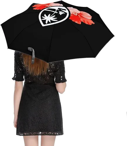 Vista 5 de Guam Tribal Hibiscus impermeable resistente al viento 3 pliegues auto abrir cerrar paraguas ligero anti-UV para hombres mujeres, Negro, estilo 1