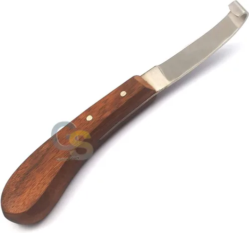 Vista 2 de G.S HOOF cuchillo de hoja ancha mano derecha herrero equino hoja de acero inoxidable mango de madera