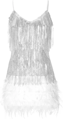 Vista 5 de JPVDPA Minivestido ajustado sexy para mujer, con flecos y lentejuelas y plumas, sin mangas, con diamantes de imitación, mini vestido de fiesta