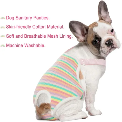 Vista 2 de QBLEEV Pañales para perras, bragas sanitarias lavables con tirantes ajustables, bragas reutilizables para perrito, ropa interior para mascotas, Raya