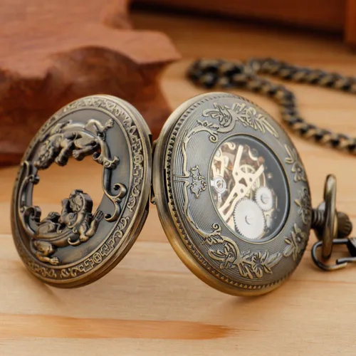 Vista 6 de Bronze Retro Mechanical Pocket Watch Skeleton Roman Numerals Hollow Mechanical Pocket Watches with Box M100