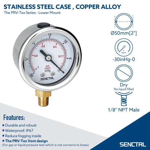 Vista 2 de SENCTRL - Medidor de presión de vacío de 30inHg, esfera de 2", NPT de 1/8, montaje inferior, estuche de acero inoxidable, resistente al agua