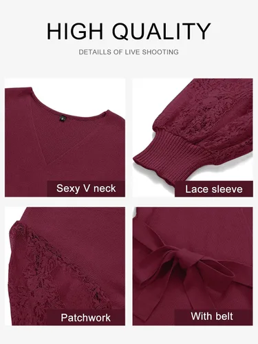 Vista 5 de MEROKEETY Vestido de suéter de manga larga con cuello en V para mujer, sexy, de punto envolvente, ajustado, con cinturón