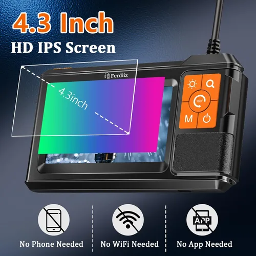 Vista 2 de Endoscopio de doble lente con luz, cámara endoscopio con luz con pantalla IPS de 4.3 pulgadas, HD 1920P con 8 luces LED, cable semirrígido de 16.4