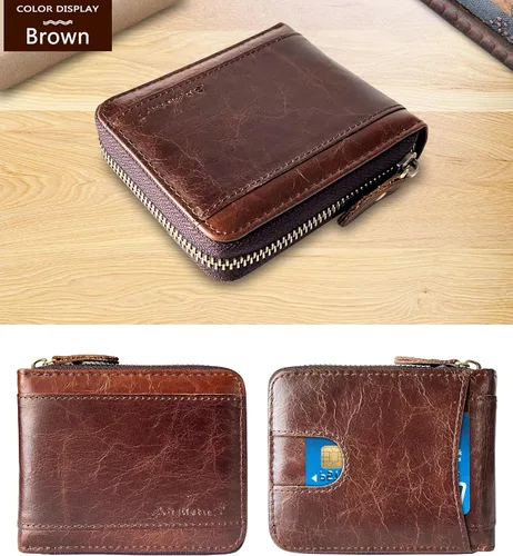 Vista 37 de Admetus Billeteras con bloqueo RFID para hombre, billetera de cuero con cremallera para hombres con tarjetero RFID plegable