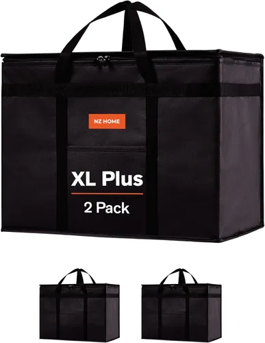 Vista 17 de Bolsa térmica XXL aislada y calentador de alimentos para entrega y compras de comestibles con parte superior con cremallera, color negro