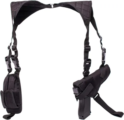 Vista 9 de Funda de hombro para pistolas, funda vertical ajustable para pistola con doble bolsa de cargador, funda de transporte oculta universal que se adapta