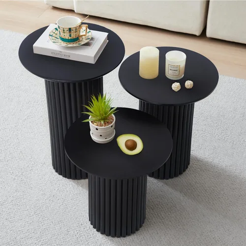 Vista 2 de Bifins Juego de 3 mesas redondas anidadas, mesa de café y mesa auxiliar de estilo Mid Century Modern con estrías, mesa lateral pequeña de madera