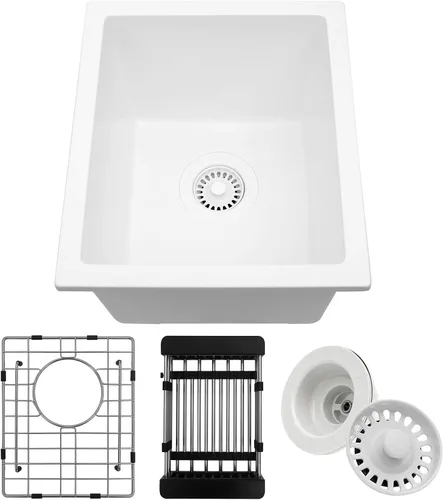 Vista 21 de Fregadero de barra negro, fregadero de cocina de montaje inferior de 13 x 15 x 10 pulgadas, fregadero de cocina pequeño y profundo de granito
