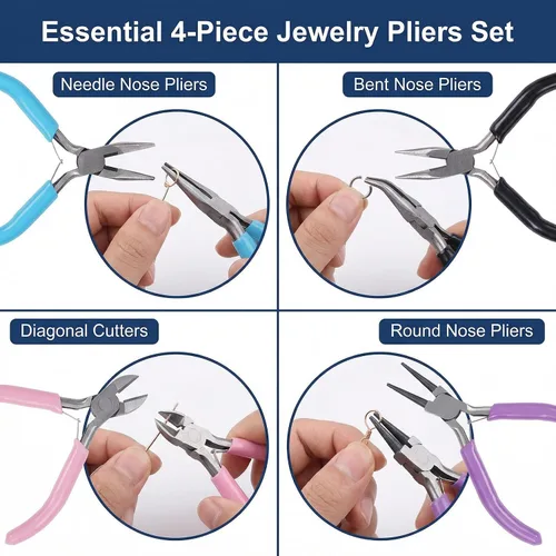 Vista 2 de Juego de alicates para joyería, 4 alicates de punta redonda para cortar alambre, punta doblada, agarre ergonómico cómodo de 4.5 pulgadas, resistente