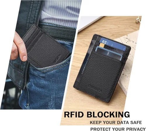 Vista 3 de Cartera para hombre, pequeña cartera de bolsillo frontal con bloqueo RFID, billetera delgada de cuero de grano superior, cartera de viaje delgada