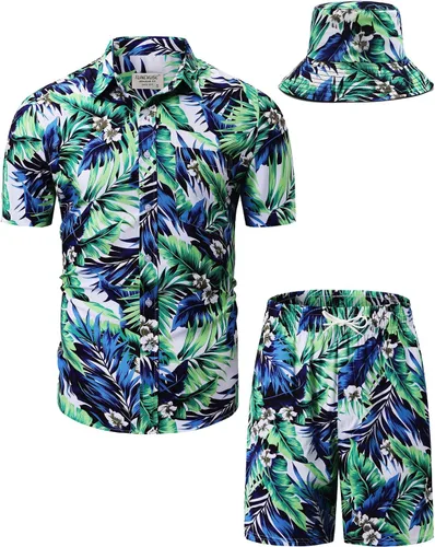 Vista 126 de TUNEVUSE Conjunto de camisas y pantalones cortos hawaianos para hombre, 2 piezas, trajes de playa con estampado de flores, traje tropical de verano