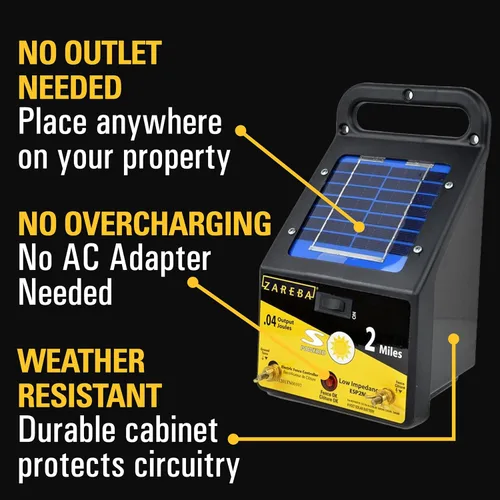Vista 4 de Zareba ESP2M-Z - Cargador eléctrico de baja impedancia con energía solar, 2 millas de energía eléctrica para cerca, contiene animales y mantiene