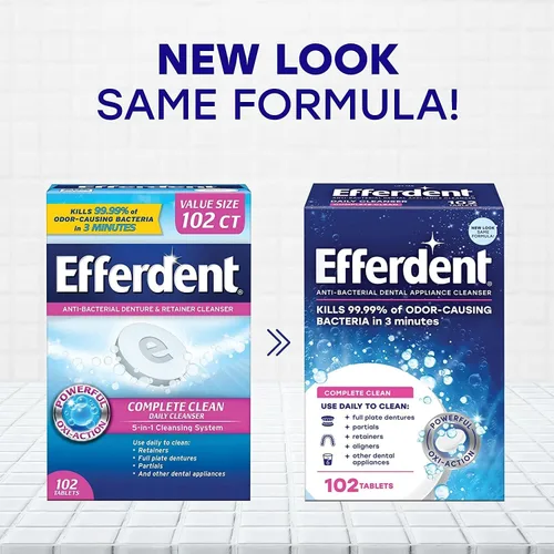 Vista 8 de Efferdent Limpiador diario antibacteriano para aparatos dentales, limpieza completa, 102 comprimidos, paquete de 3