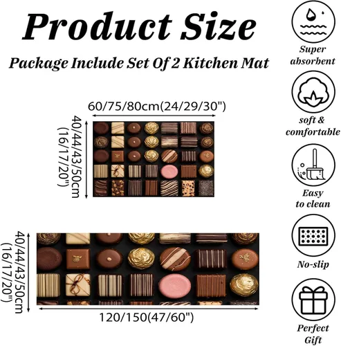 Vista 2 de Kitchen Mat Set of 2 Pcs, 3D Chocolate Patchwork Non Slip Rugs for Kitchen Floor, Retro Geometric Absorbent Runner Comfort Standing Mats Washable