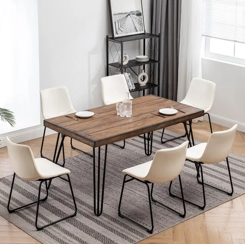 Vista 12 de Roundhill Furniture Aryven - Juego de comedor industrial de 7 piezas con mesa rústica de pino oscuro y 6 sillas de piel sintética, color gris